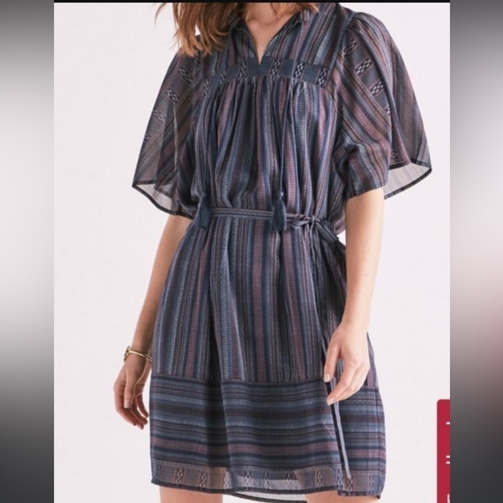 Lucky Brand Boho tassels V neck short sleeves relaxed blue stripes dress‎ Sz S